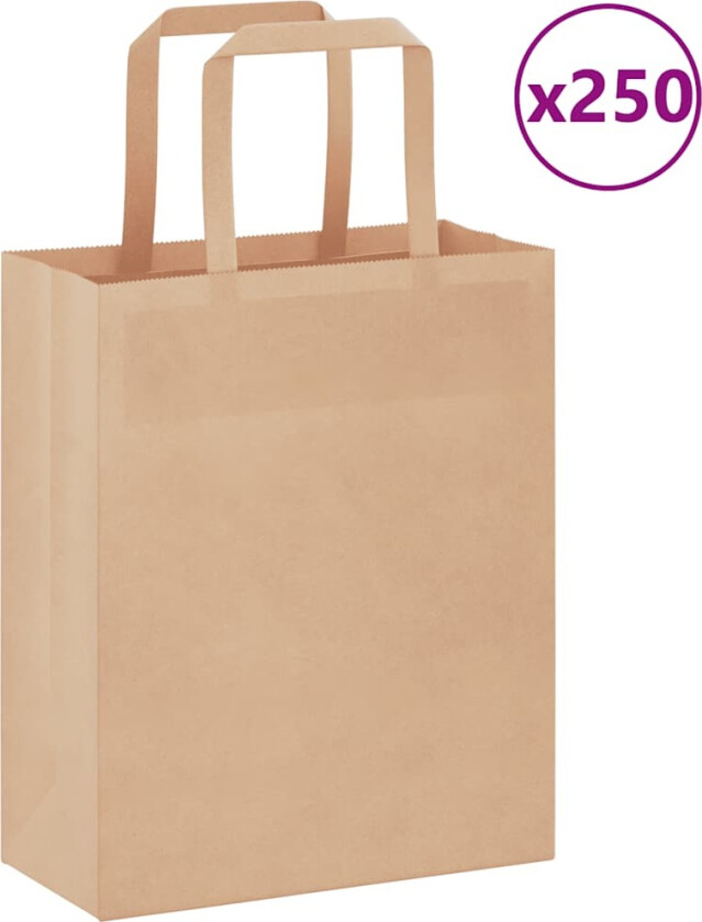 Kraftpapirposer 250 stk med håndtak brun 18x8x22 cm