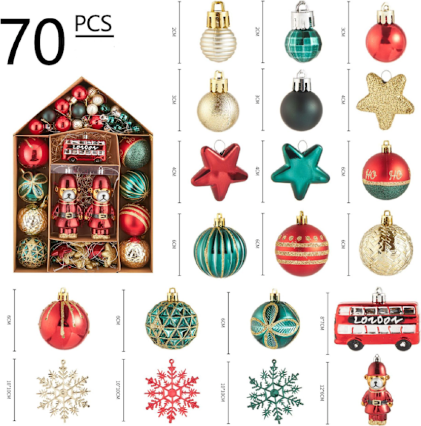 70 stk Uknuselige Julekuler Pakke, Deilige Nisse Rød Grønn og Hvit Julekulepynt for Juletrepynt