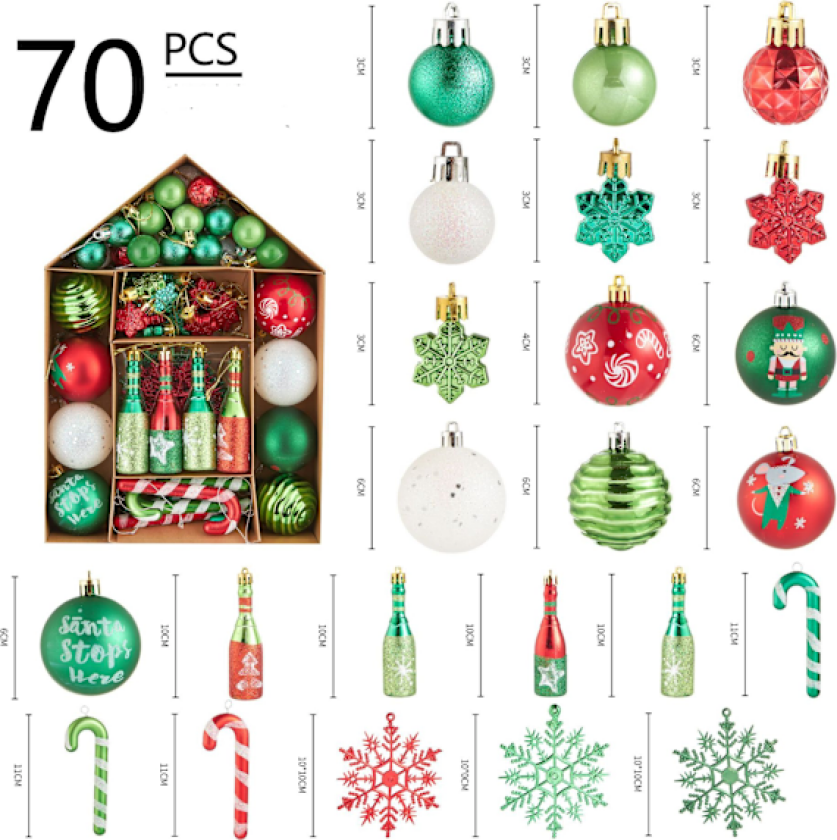 70 stk Uknuselige Julekuler Pakke, Deilige Nisse Rød Grønn og Hvit Julekulepynt for Juletrepynt