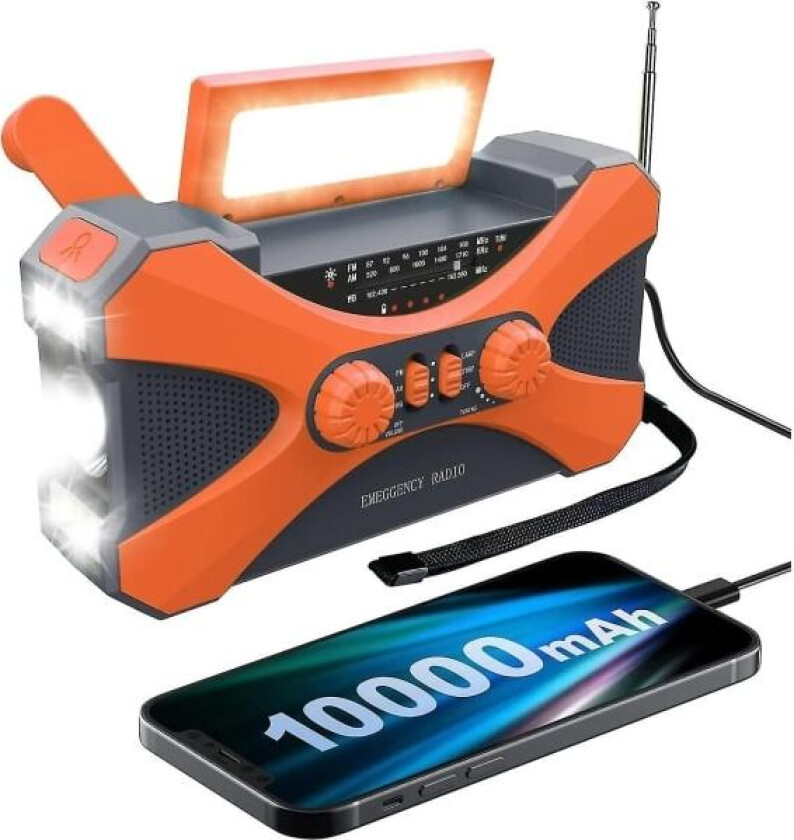 10000mAh Nødradio Solar Handvev Radio Bærbar AM/FM/NOAA Væderradio med Telefonlader Lommelykt - Perfekt Orange