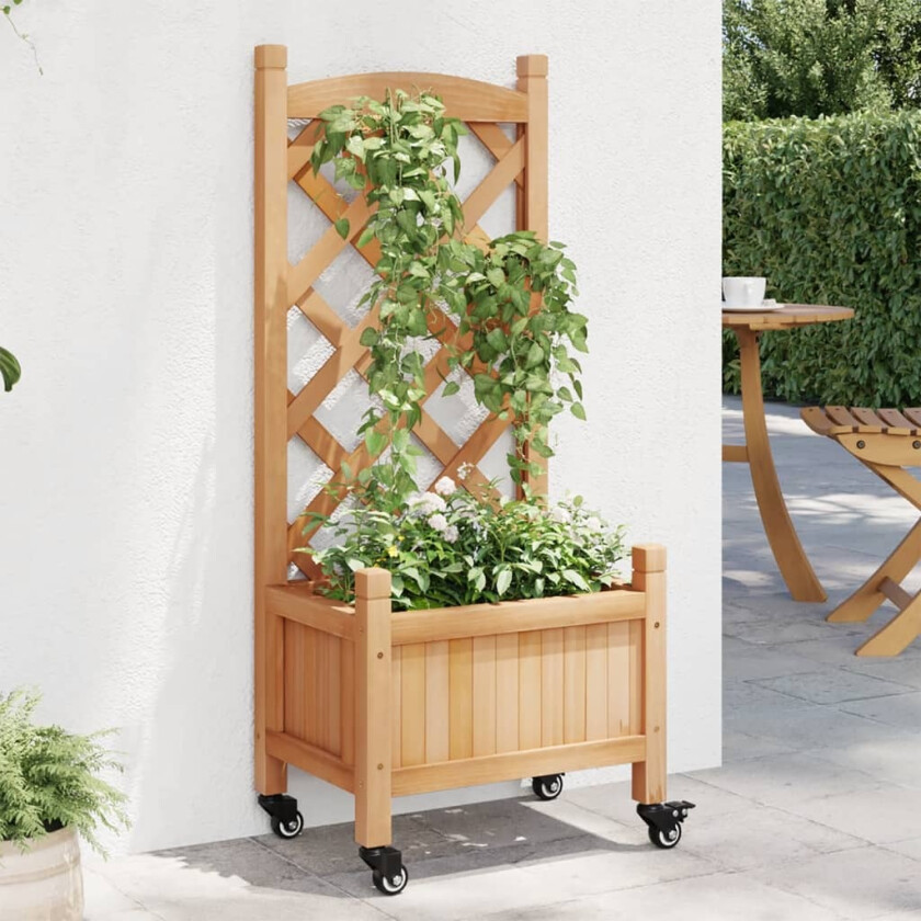 Plantekasse med espalier og hjul brun heltre gran