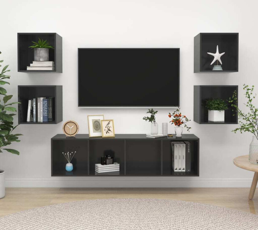 TV-benksettet 5 deler høyglans grå sponplate