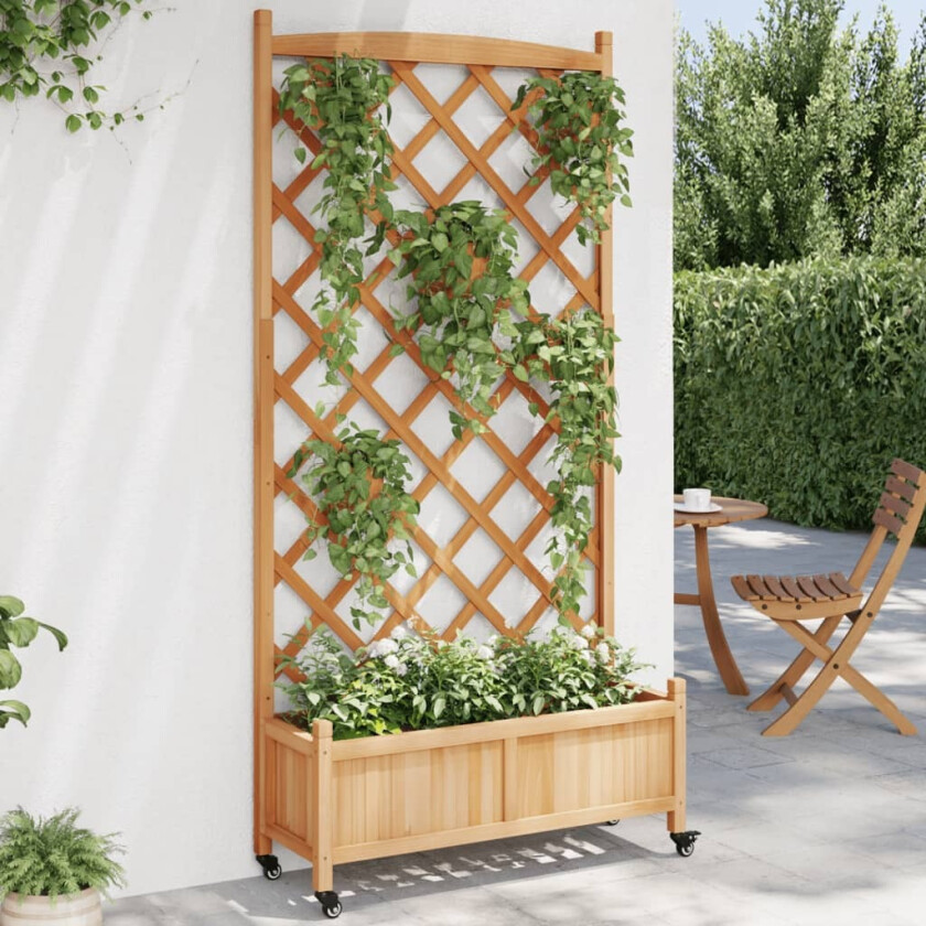 Plantekasse med espalier og hjul brun heltre gran