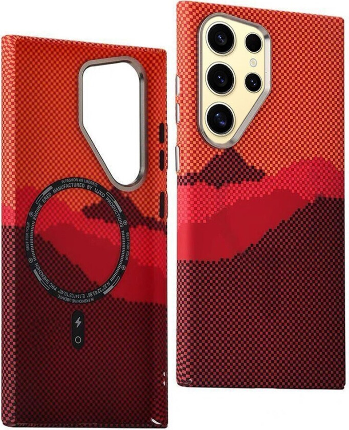 Mønstret Carbon Deksel - Samsung Galaxy S23 Ultra - MagSafe Kompatibel - Orange Peak