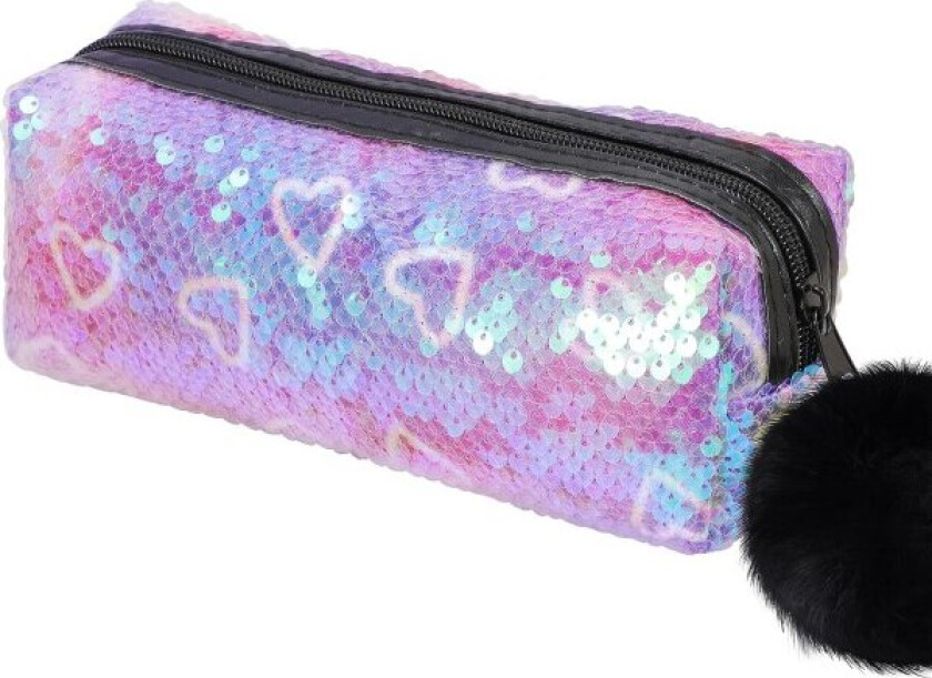 Sequin Preppy Pencil Case for Girls, Fluffy Zip Pull Pouch Bag Holographic Pen Case Sparkling School Stuff Shimmery Glitter Makeup Bag (Purple,Heart)