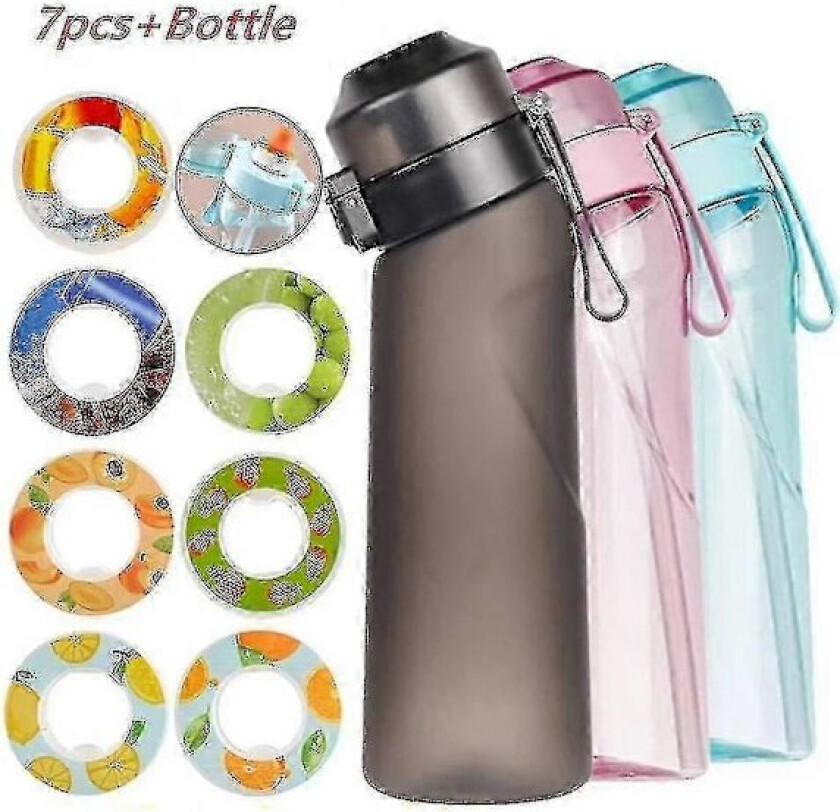 Smaksatt vannflaske med 7 smakskapsler Air Water Up-flaske Frost svart 650 ml Air Starter Up-sett Vannkopp for camping Sport