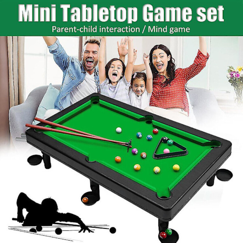 Mini bordplatebiljardbord og biljardsett, lite biljardspill med 11 baller, 2 biljardkøer, stativ, hjemmebar og bordspill
