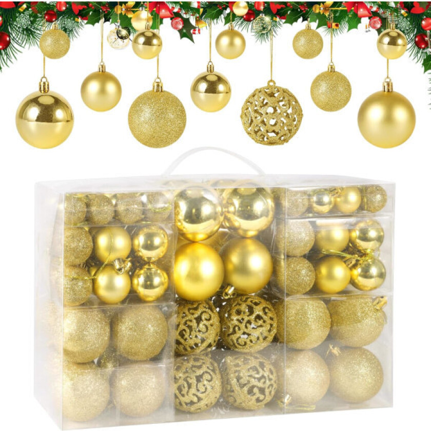 Sett med 100 gull julekuler, eske med uknuselige julekuler i plast, juletredekorasjon Gold