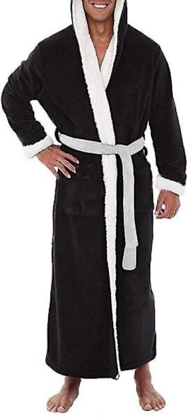 Menn Lang Hetteløs Badekåpe Myk Nattkjole Kåpe Dressing Gown Black XL