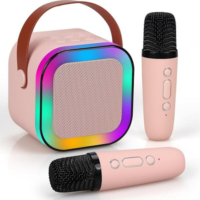 Mini Karaoke-maskin for barn og voksne, bærbar Bluetooth Karaoke-høyttaler med 2 trådløse mikrofoner, perfekt gave til jenters bursdagsfest Pink