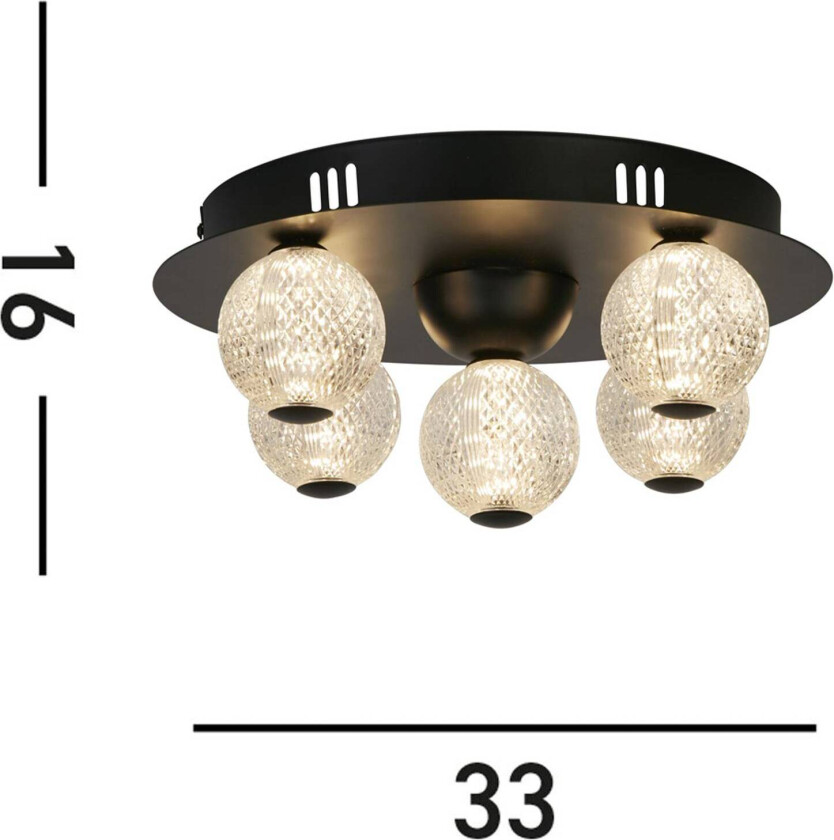 LED-taklampe Asteroid, svart Ø 33 cm stål/akryl 5 lyskilder.