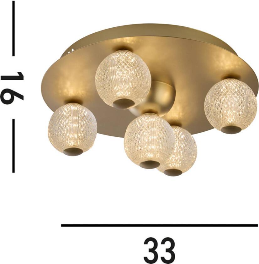 LED-taklampe Asteroid, gull, Ø 33 cm stål/akryl 5 lyskilder