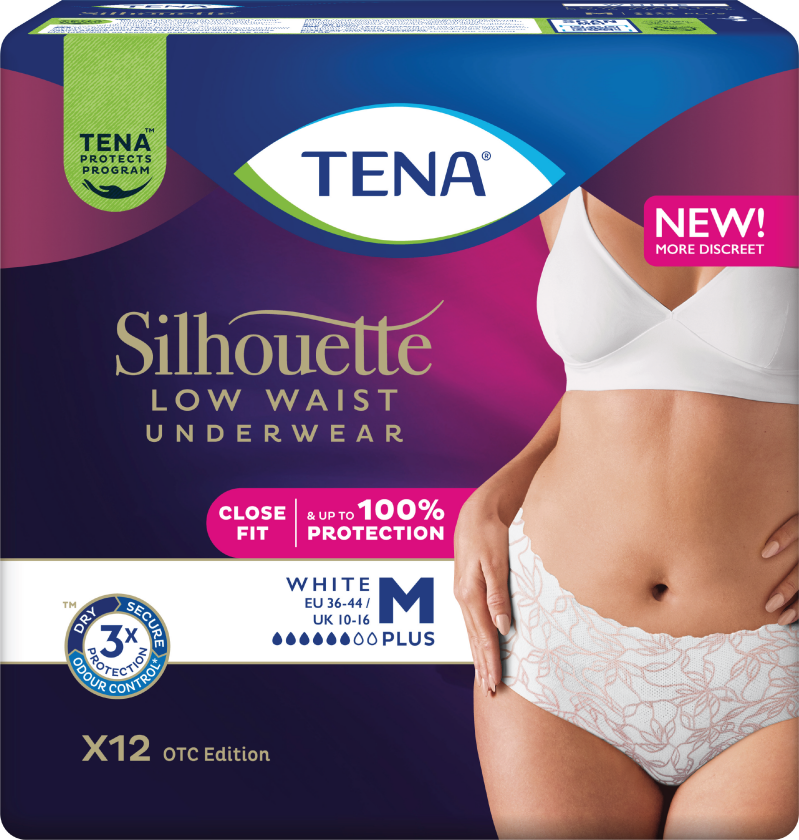 Tena Silhouette Pants Plus Low Waist, Medium, hvit, 12 stk.