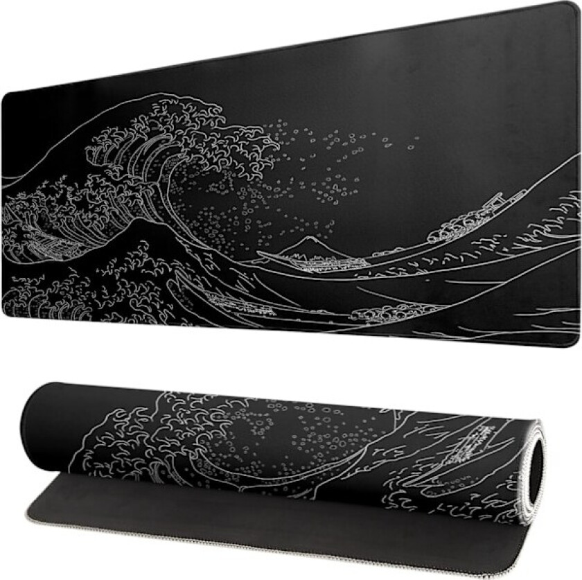 Japansk havbølge stor musematte, anime svart gaming, utvidet Kanagawa matte skrivebordspute, 3 mm tykk lang sklisikker gummibase musematte, 31,5 x 11,8 tommer