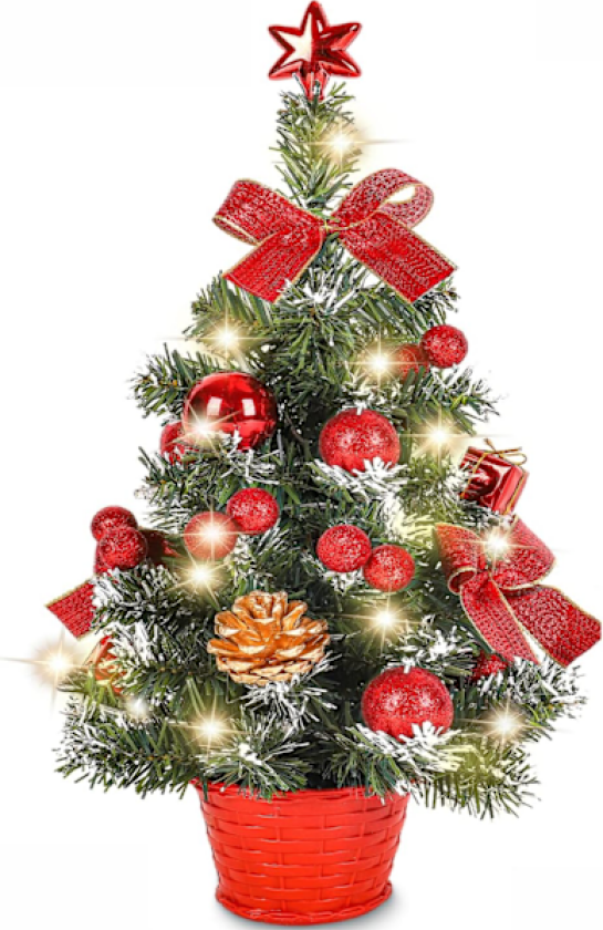 Mini Kunstig Juletre, Lite Juletre med LED-lys, Mini Bordstre Dekorasjon for Kontor, Bar, 40cm (Rød)