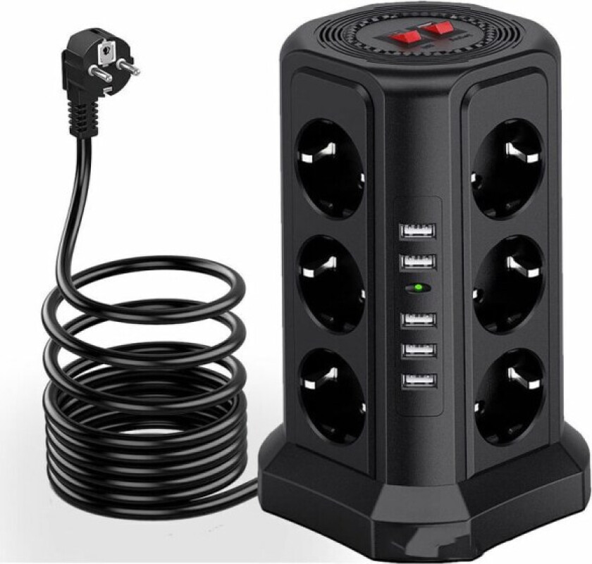 Lyn- og overspenningsvern strømpelistårn, strømpelist med 5 USB-porter og 12 uttak, strømpelist med og 3 brytere, svart