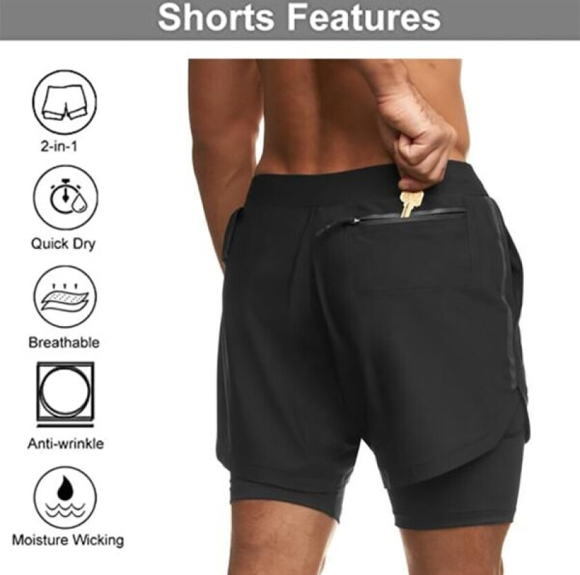 1 stk. 2-i-1 treningsshorts for menn, korte bukser, svart, XL
