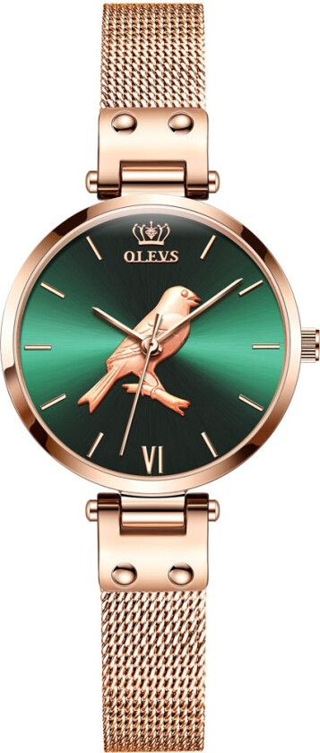 Modern Lady Bird Rosegold Green - Kvarts - Rosegull - Dameklokker - Meshlenke - Mineral