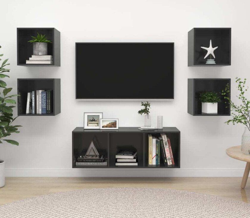 TV-benksettet 5 deler høyglans grå sponplate