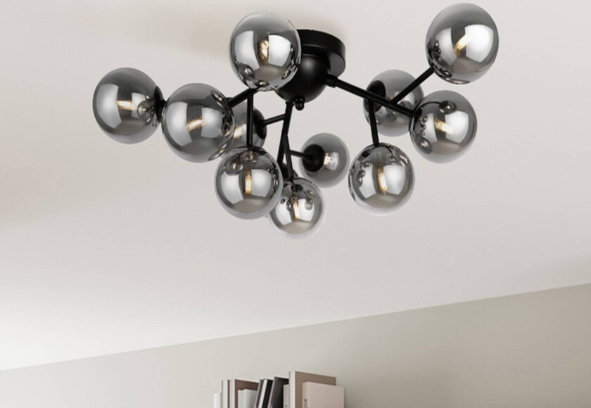 taklampe Dallas, svart/røykgrå 12 lyskilder i glass