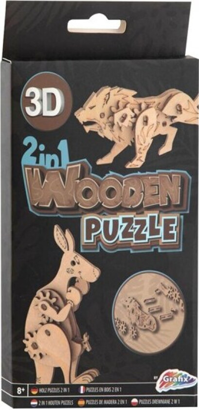 2-in-1 Wooden Construction Kit 3D Puzzle - Kangaroo and Lion 3D Puslespill