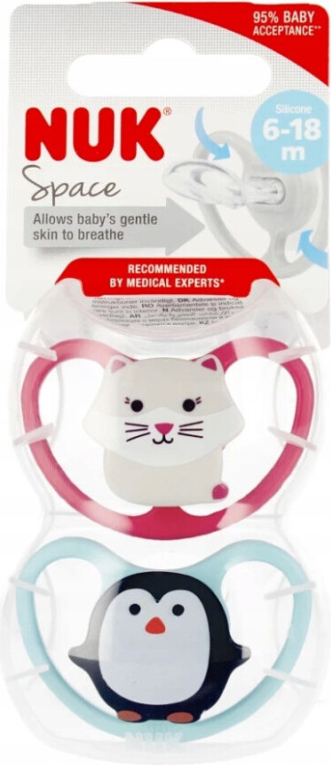 Nuk Space silikonsmokk - 6/18 måneder - 2 stk - Pingvin/Katt