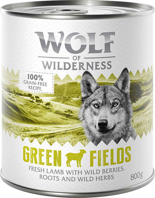100 kr rabatt ! Økonomipakke Wolf of Wilderness 24 x 800 g - Green Fields - Lam