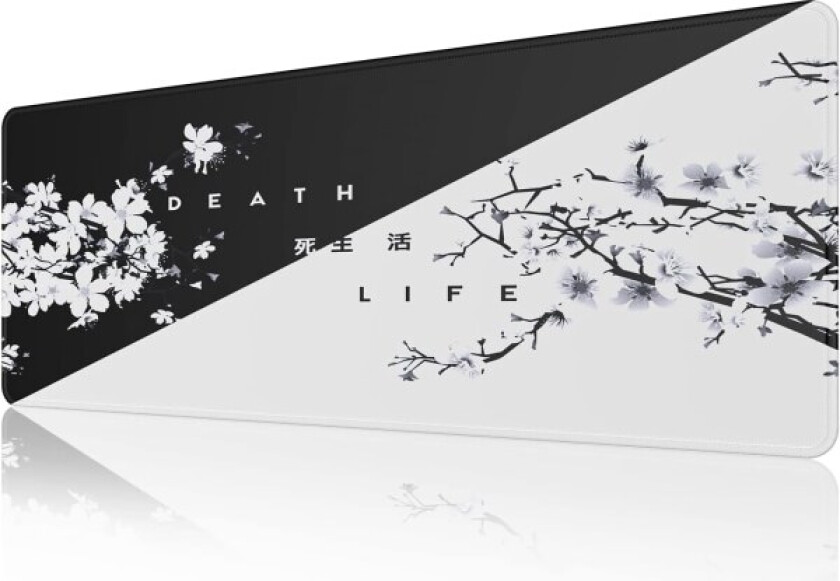 Svart og hvitt japansk kirsebærtre blomst musematte (31,5 × 11,8 × 0,12 tommer) Utvidet stor musematte skrivebordspute, sydd kant musematte