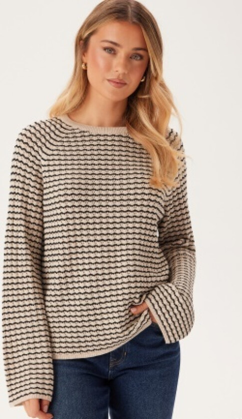 Objester L/S KNIT PATTERN TOP Sandshell Stripes:black XL