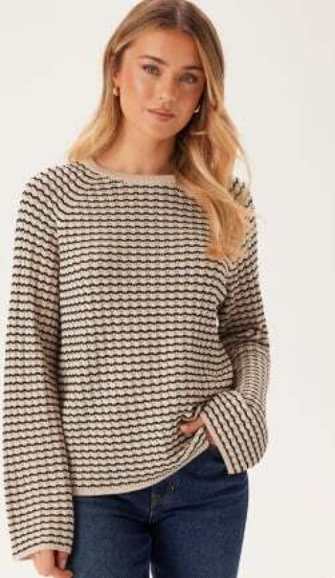 Objester L/S KNIT PATTERN TOP Sandshell Stripes:black S