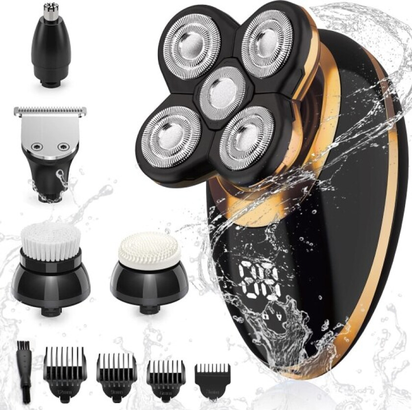 Elektriske barbermaskiner for menn med skallet hode, barberhøvler barbering 5-i-1 5D-hårklipp USB oppladbar LED-trådløs, roterende barbermaskin pleiesett med nesehårklipper