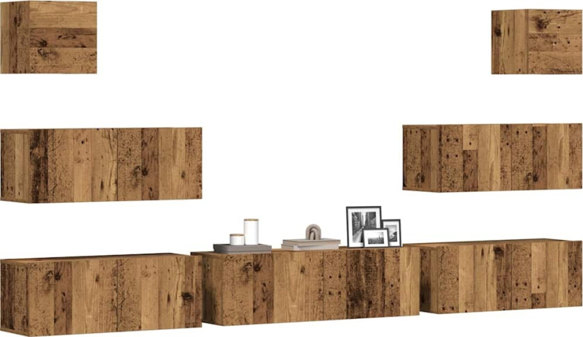 TV-skapsett 7 deler veggmontert gammelt tre konstruert tre