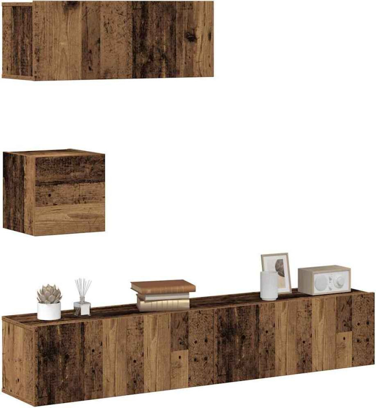 TV-skapsett 4 deler veggmontert gammelt tre konstruert tre