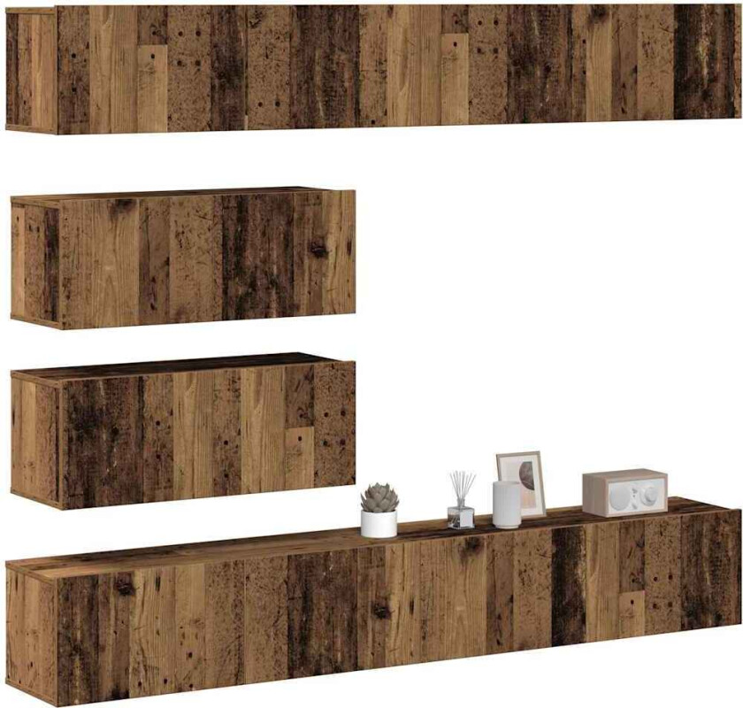 TV-skapsett 6 deler veggmontert gammelt tre konstruert tre