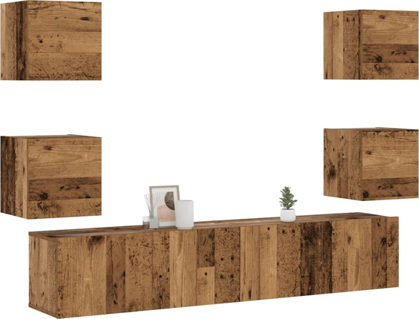 Vegghengte TV-benker 6 stk gammelt tre konstruert tre