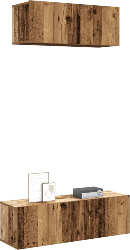 TV-skapsett 2 deler veggmontert gammelt tre konstruert tre