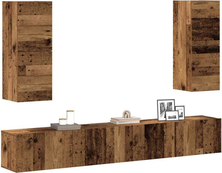 TV-skapsett 4 deler veggmontert gammelt tre konstruert tre