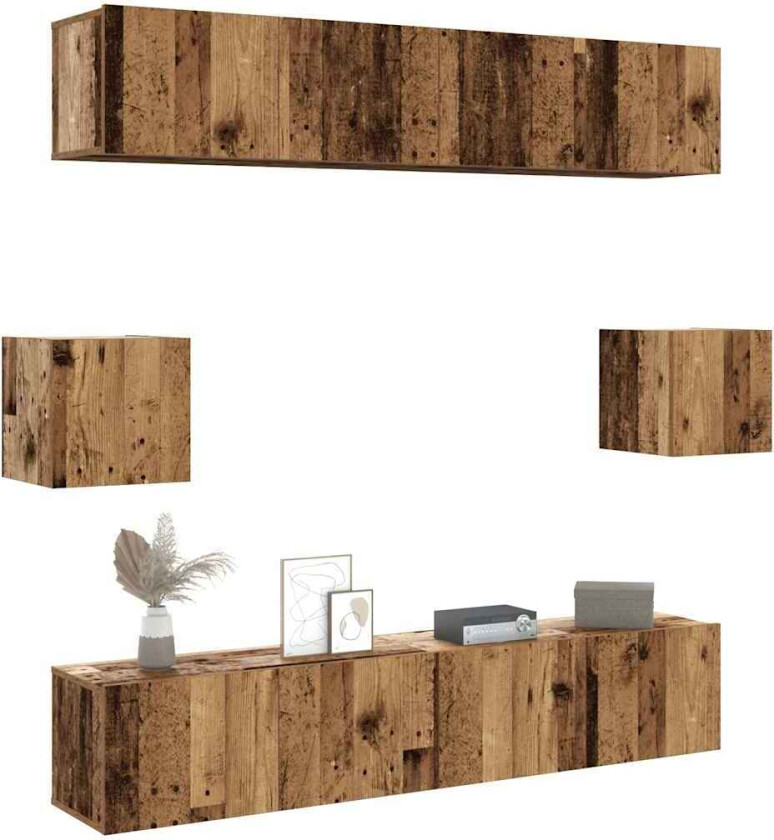 TV-skapsett 6 deler veggmontert gammelt tre konstruert tre