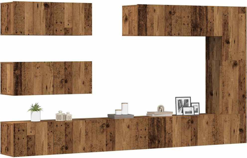 TV-skapsett 7 deler veggmontert gammelt tre konstruert tre