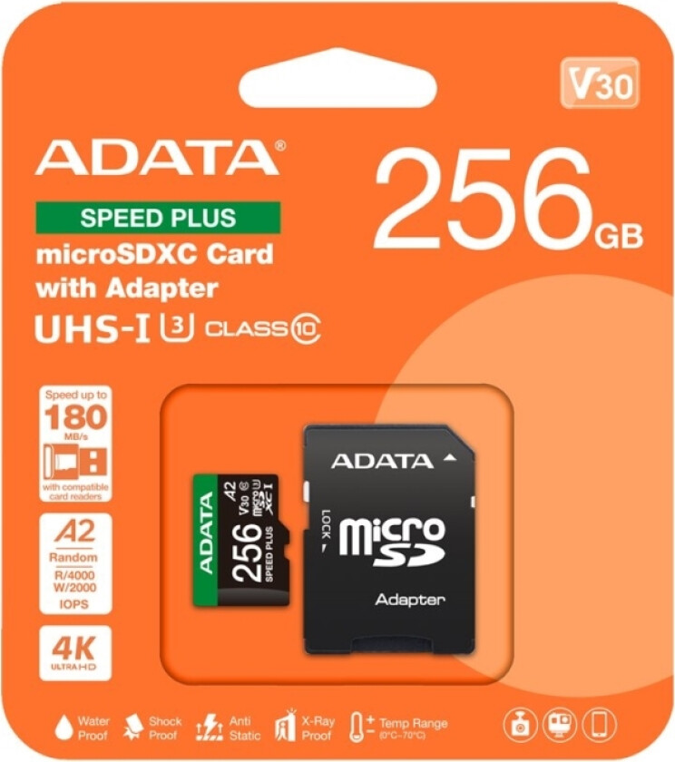 Adata Speed Plus Microsdxc 256 Gb Klasse 3 Uhs-I/U3 A2 V30-Kort (Ud256gui3v30a2sp-Ra1)