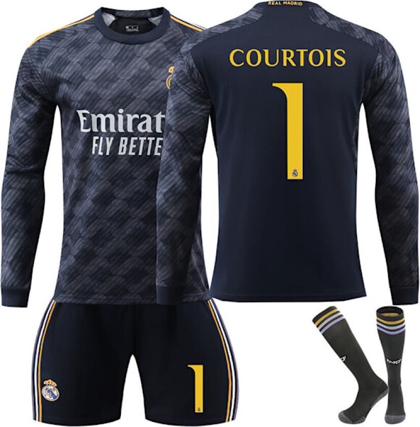 Madrid COURTOIS #1 2023/2024 RM Langarmet Høst/Vinter Borte Fotballdrakt/Shorts/Sokker Sett Ungdom Barn Størrelser 26