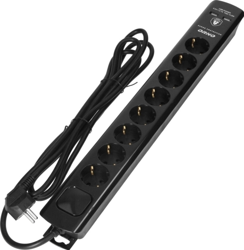 Orno Overspenningsvernlist, 8 Stikkontakter 2P+Z (Schuko), Kabel 3X1,5Mm2, 3M, Med Dobbeltkrets Lysbryter. 16A/230 Vac, Type 3 Overspenningsvern, 2Xu