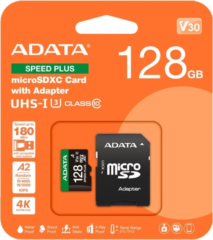 Adata Speed Plus Microsdxc-Kort 128 Gb Klasse 3 Uhs-I/U3 A2 V30 (Ud128gui3v30a2sp-Ra1)