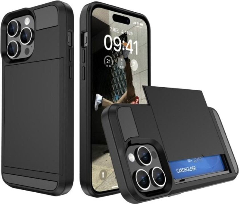 For iPhone 15 PC+TPU Phone Cover Sliding Card Holder Black