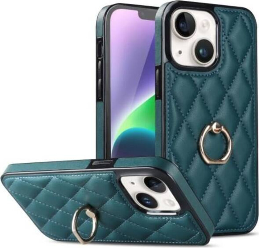 iPhone 14 Case Rhombus Grid Pattern Back Cover Ring Kickstand - Green Green