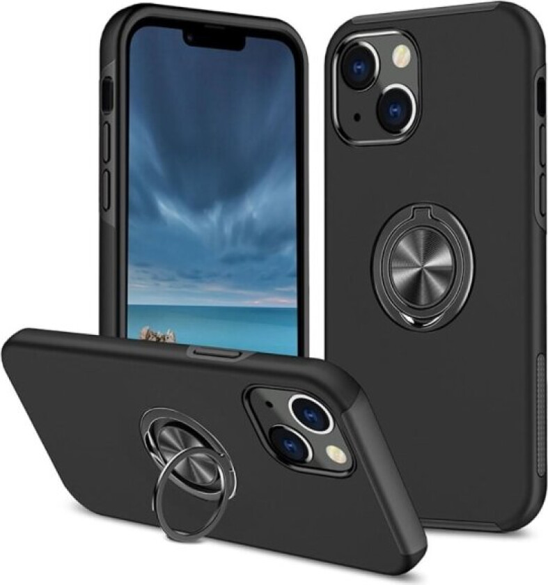 iPhone 14 Plus Finger Ring Kickstand Hybrid Case - Black Black