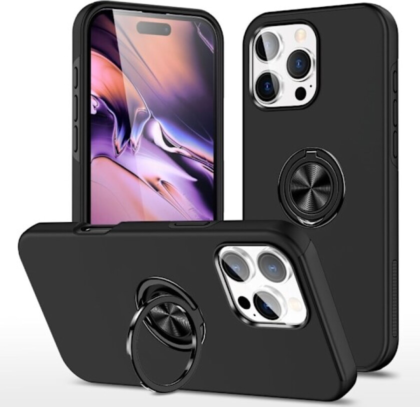 For iPhone 16 Pro Finger Ring Kickstand Hybrid Case - Black Black