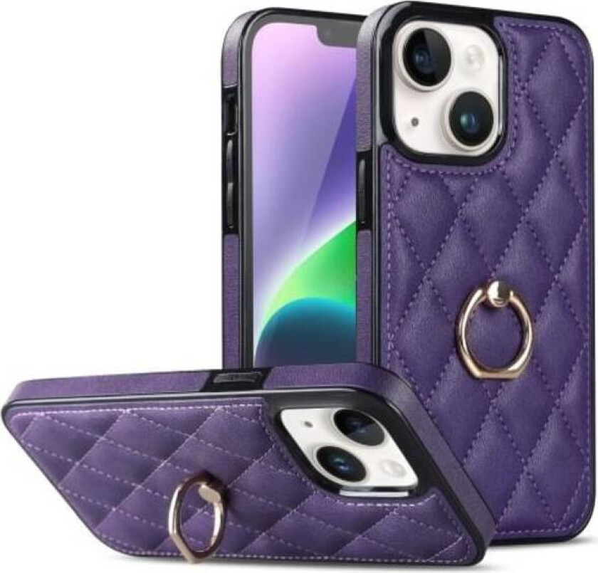 iPhone 14 Case Rhombus Grid Pattern Back Cover Ring Kickstand - Purple Purple