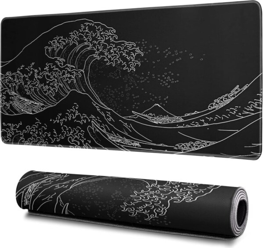 Japansk spillmusematte med abstrakt svart motiv, 31,5 x 11,8 tommer, tekstur av bølger i svart hav, sklisikker gummibase, stor musematte med sydde kanter, skrivebordsunderlag