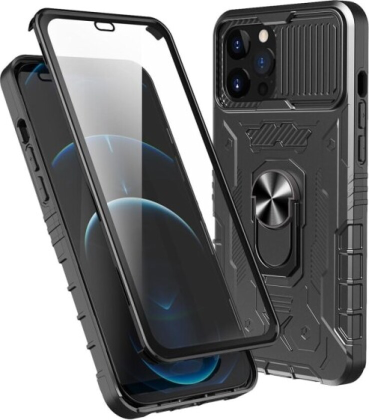 iPhone 14 Pro full cover TPU + PC Kickstand Phone Case + tempered glass Black
